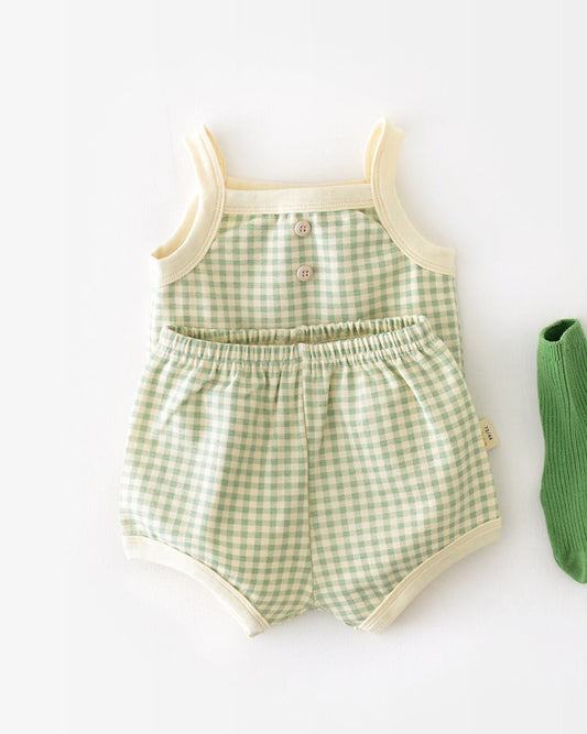2pcs Sweet Plaid Cotton Baby Tank Top&Pants Set