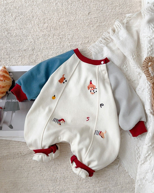 Puppy Pattern Color Block Long Sleeve Baby Jumpsuits