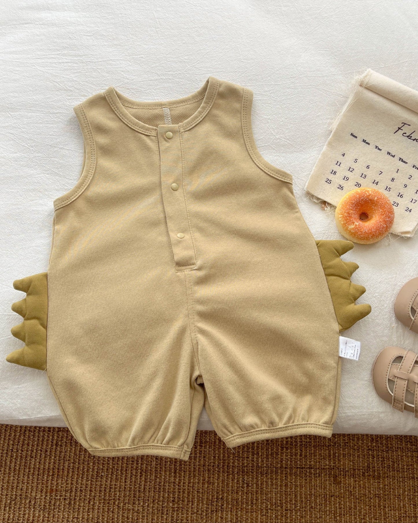 Solid Color Dinosaur Decor Sleeveless Baby Jumpsuits