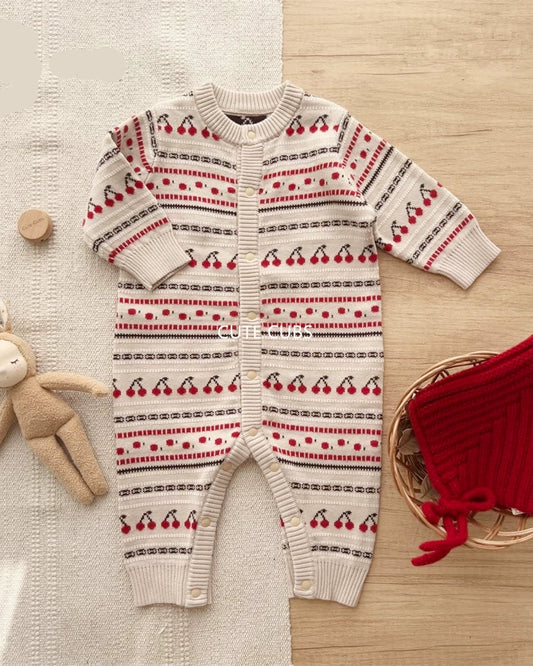 Cherry Pattern Knitted Baby Jumpsuits