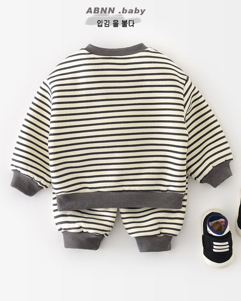 犬柄ストライプベビーパーカーパンツ2点セット