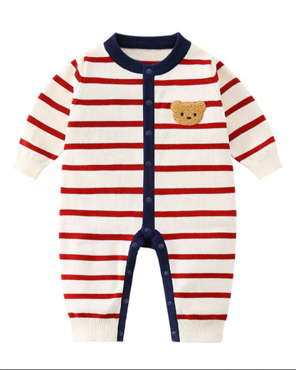 Bear Head Striped Long Sleeve Baby Jumpsuits Cardigan
