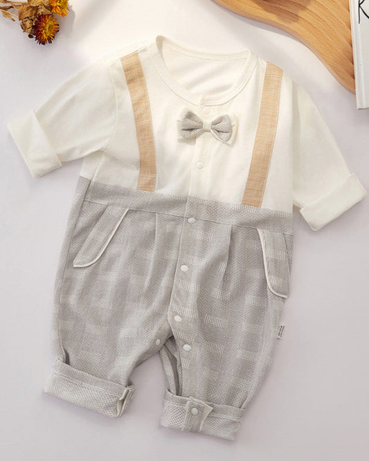 Bow Strap Decor Cotton Long Sleeve Baby Jumpsuits