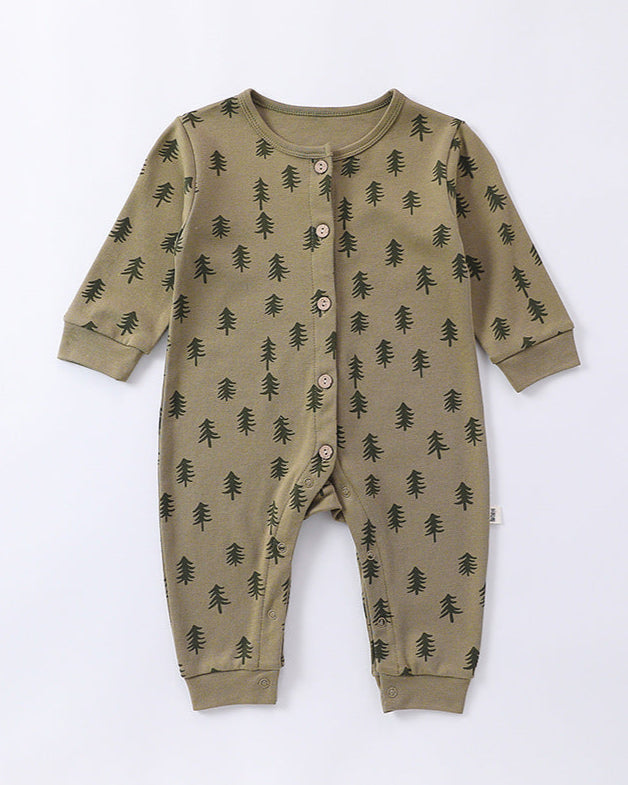 Tree Moon Printed Cotton Long Sleeve Baby Jumpsuits