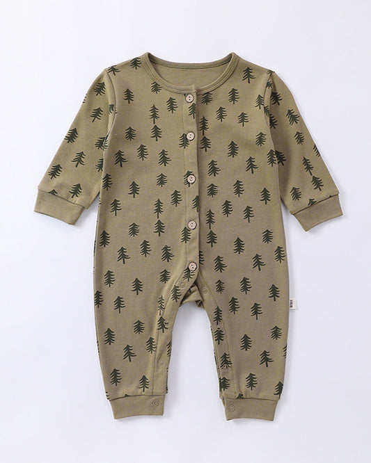 Tree Moon Printed Cotton Long Sleeve Baby Jumpsuits