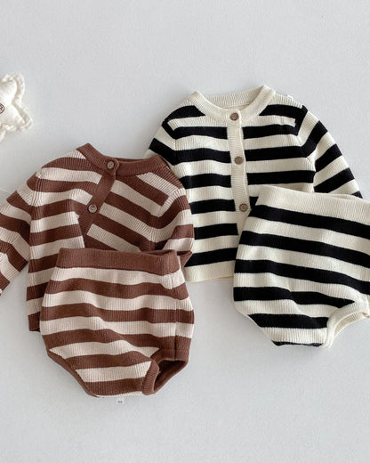 Striped Knitted Baby Cardigan Short Pants 2pcs Set