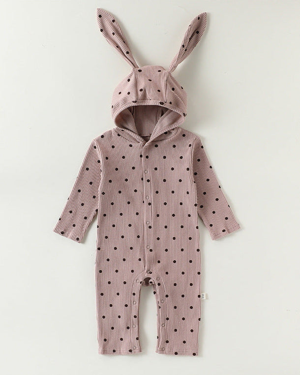 Cotton Polka Dot Ear Hooded Baby Jumpsuits