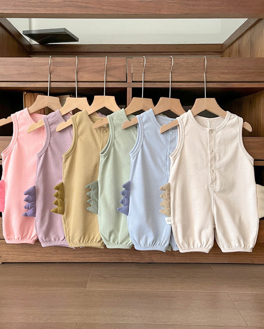 Solid Color Dinosaur Decor Sleeveless Baby Jumpsuits