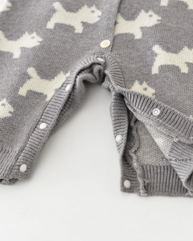 Puppy Pattern Knitted Buttoned Long Sleeve Baby Jumpsuits