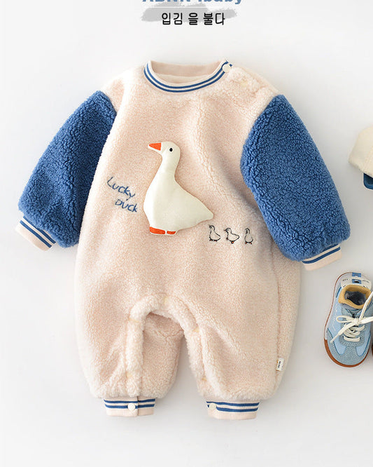 Fleece Warm Duck Decor Baby Jumpsuits
