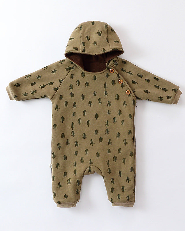 Tree Moon Warm Fleece Hooded Baby Jumpsuits
