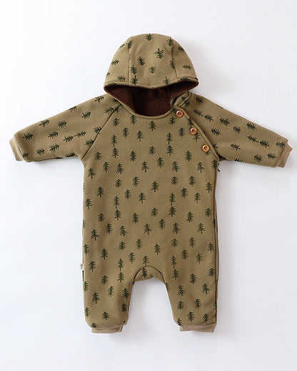 Tree Moon Warm Fleece Hooded Baby Jumpsuits