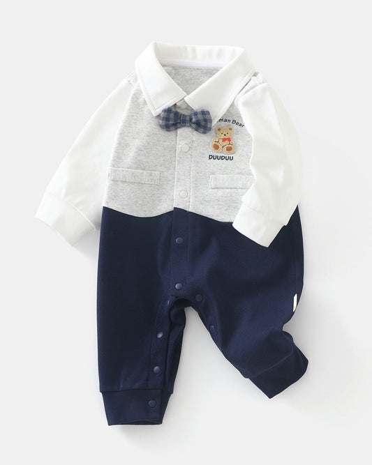 Bow Tie Bear Color Block Baby Jumpsuits