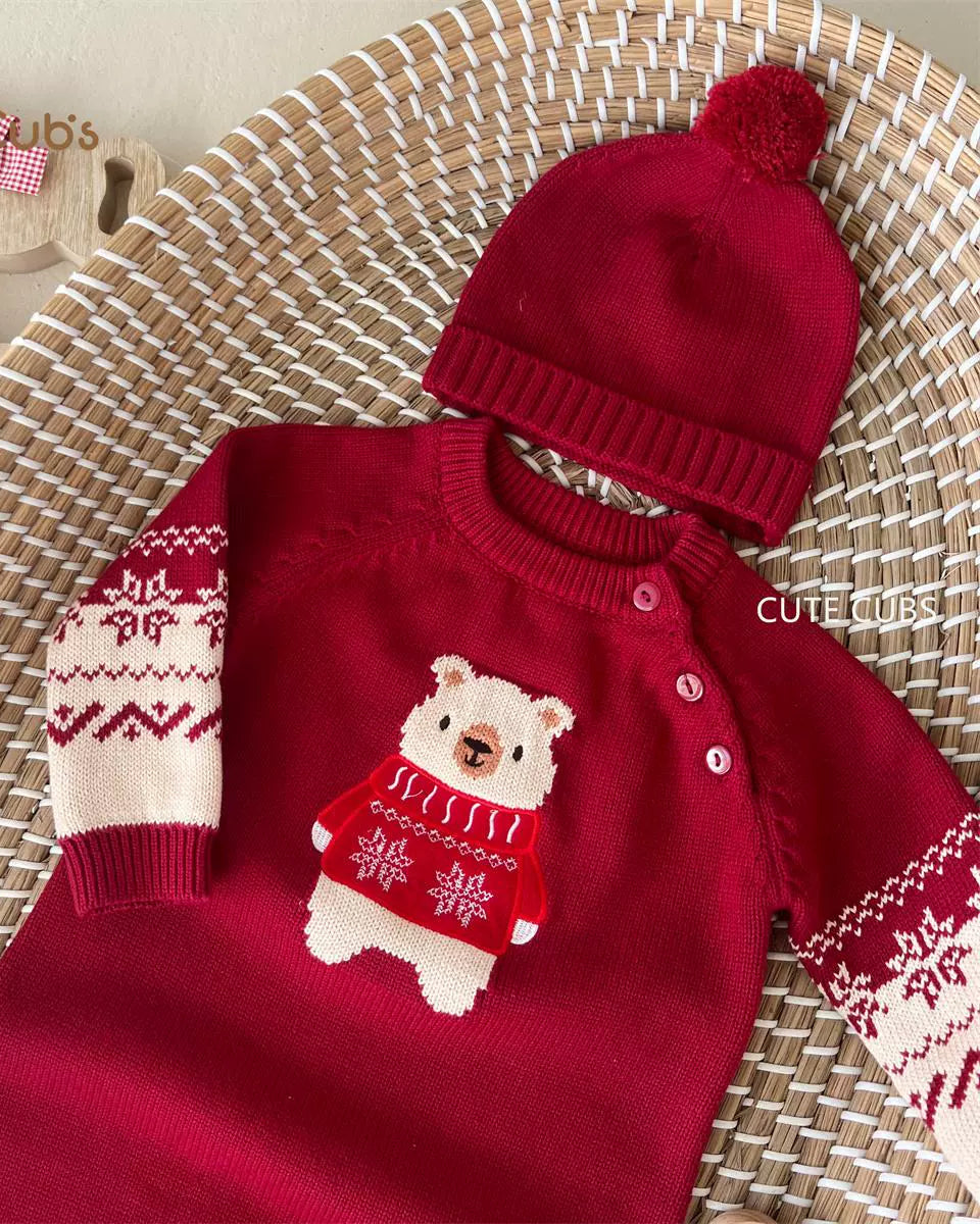 Bear Pattern Knitted Baby Jumpsuits Hat 2pcs Set