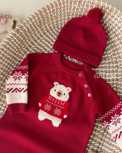 Bear Pattern Knitted Baby Jumpsuits Hat 2pcs Set