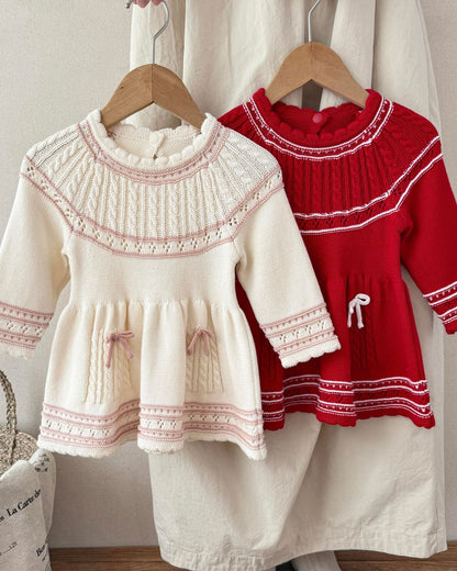 Sweet Hollowed-out Bow Decor Knitted Baby Dress