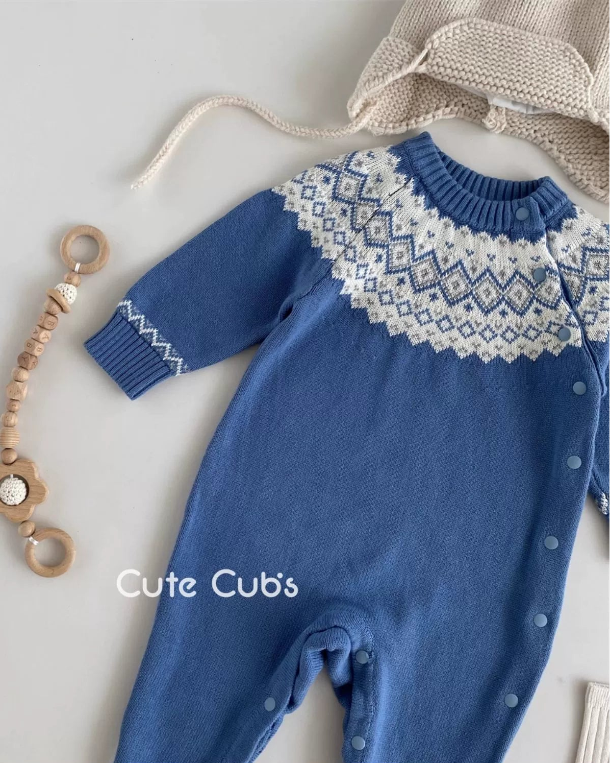 Warm Rhombus Knitted Baby Jumpsuits Hat