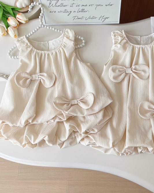 Beige Sweet Bow Decor Girl Dress/Outfit