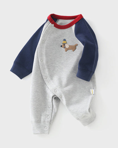 Casual Puppy Color Block Long Sleeve Baby Jumpsuits