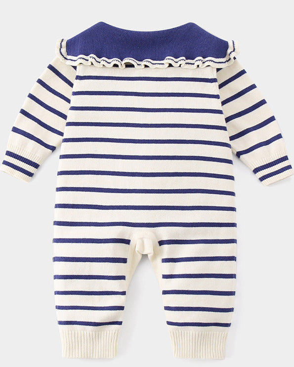 Rabbit Ruffled Striped Knitted Baby Jumpsuits