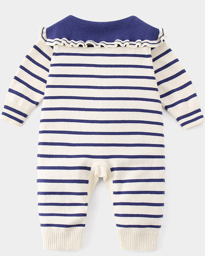 Rabbit Ruffled Striped Knitted Baby Jumpsuits