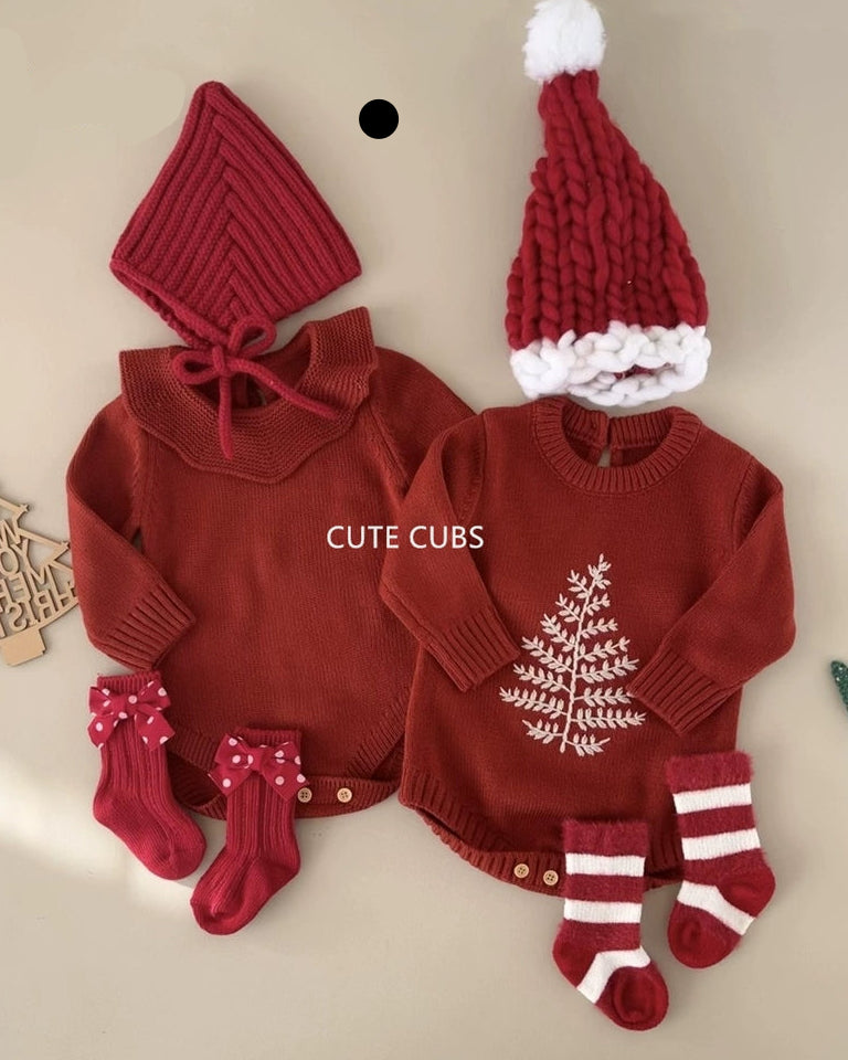 Knitted Tree Pattern Red Baby Romper