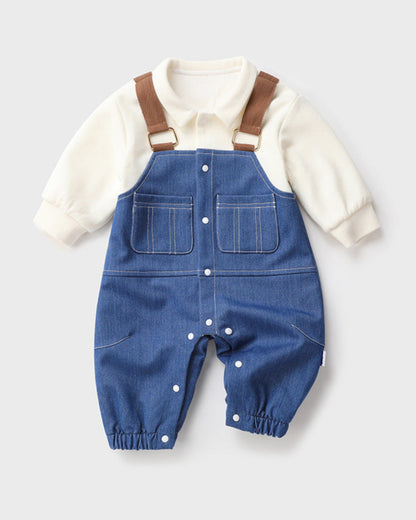 False Two Pieces Denim Long Sleeve Baby Jumpsuits