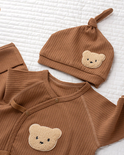 Bear Pattern Solid Color Cotton Long Sleeve Baby Jumpsuits Hat