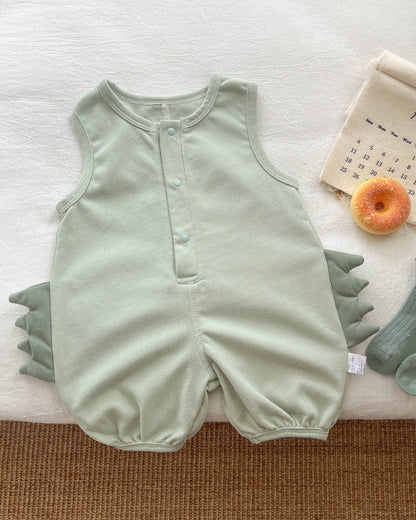 Solid Color Dinosaur Decor Sleeveless Baby Jumpsuits