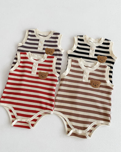 Striped Bear Head Sleeveless Baby Romper