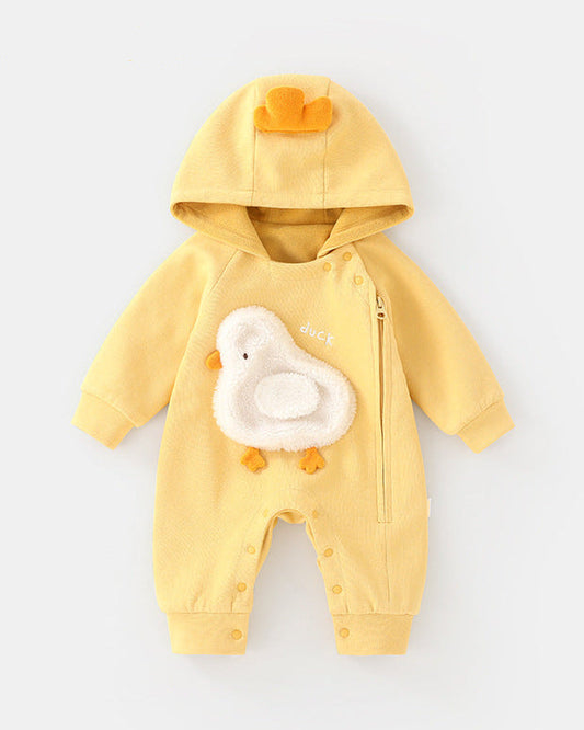 Fleece Duck Zipped Hooded Baby Jumpsuits