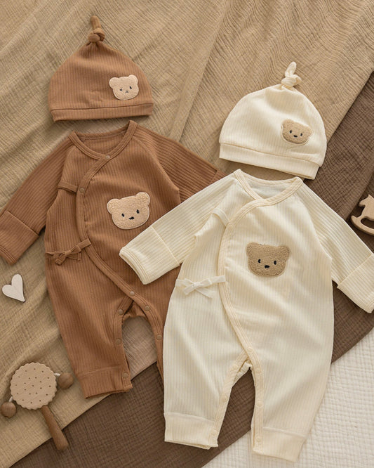 Bear Pattern Solid Color Cotton Long Sleeve Baby Jumpsuits Hat