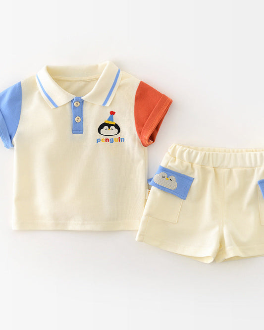 2pcs Penguin Color Block Baby Tee Pants Set