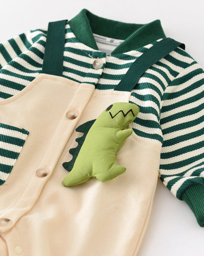 Dinosaur Pattern Striped Pocket Baby Jumpsuits