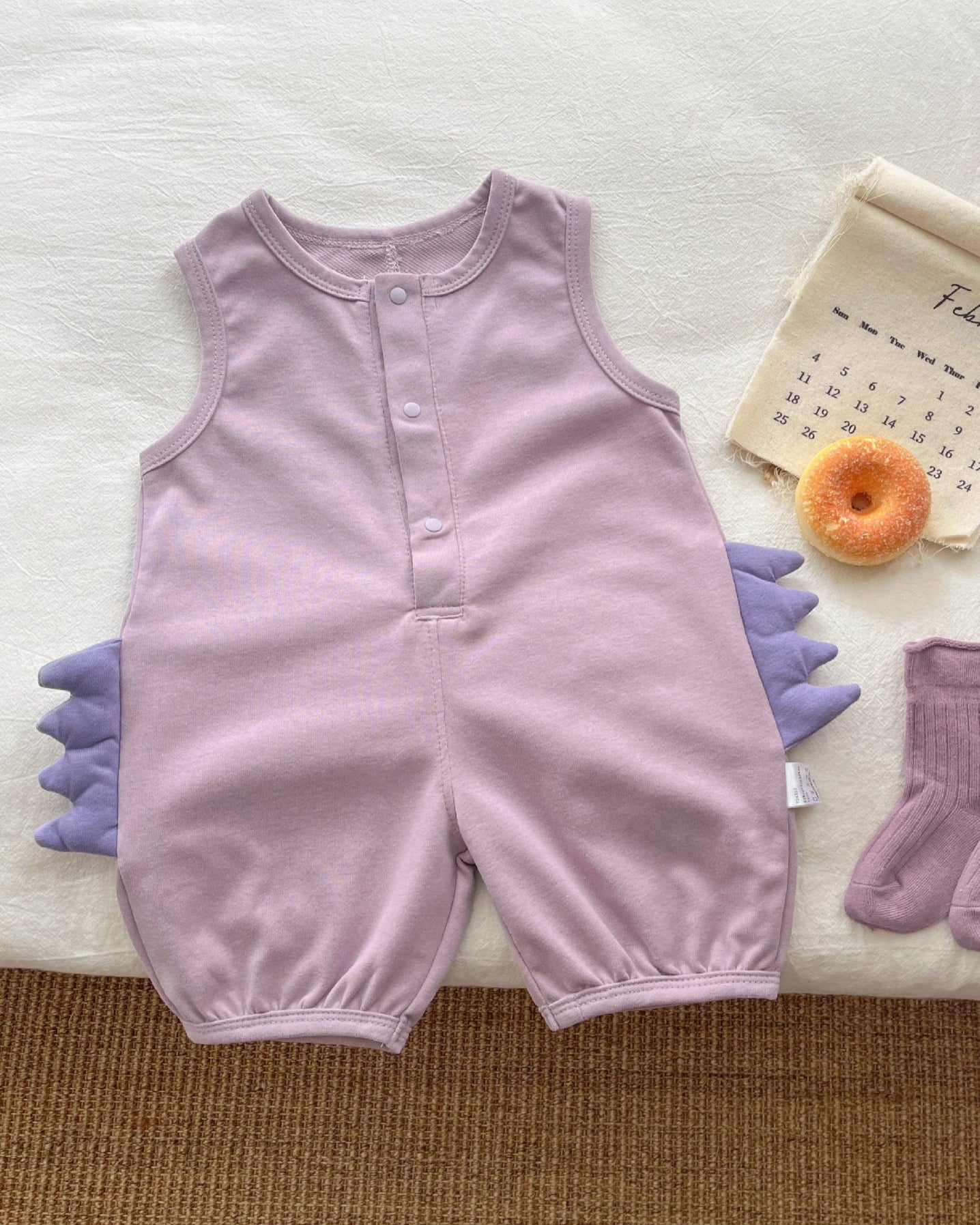 Solid Color Dinosaur Decor Sleeveless Baby Jumpsuits