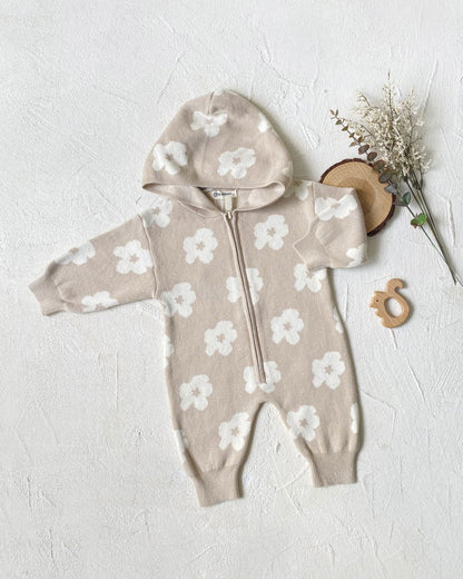 Flower Zipped Knitted Hooded Baby Jumpsuits