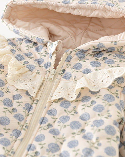 花柄レースのジップ付きベビーフード付きジャンプスーツ