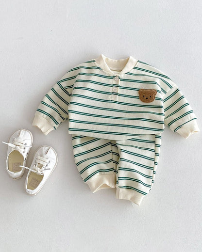 Casual Striped Bear Baby Hoodie Pants 2pcs Set