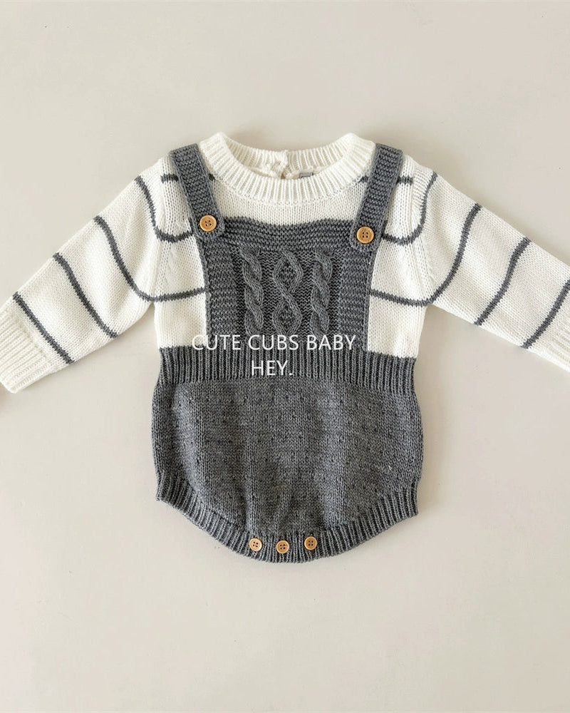 Fake Two Pieces Striped Knitted Baby Romper