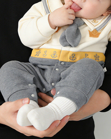 Tie Decor Navy Collar Baby Long Sleeve Jumpsuits