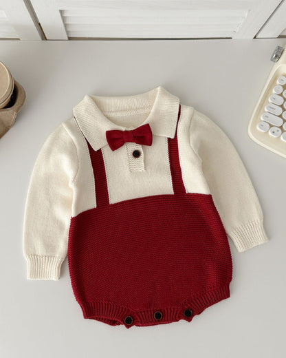 Tie Decor Long Sleeve Knitted Baby Romper