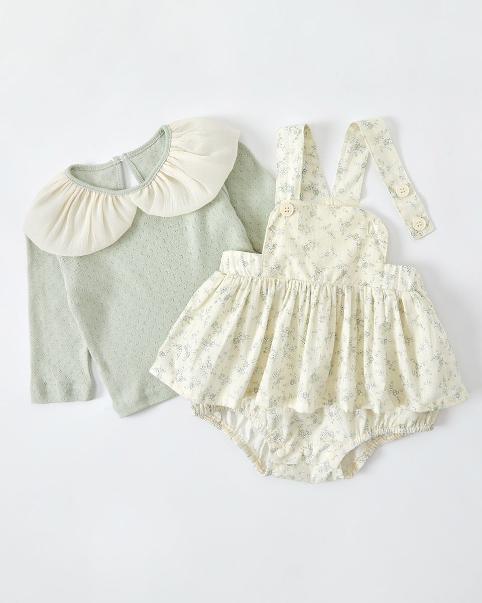 2pcs Baby Long Sleeve Shirt&Floral Romper Set