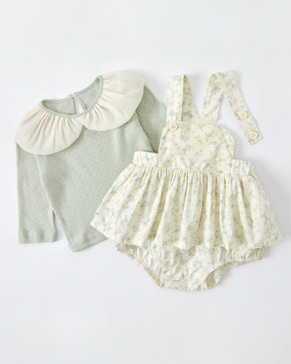 2pcs Baby Long Sleeve Shirt&Floral Romper Set