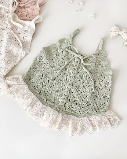 Lace-up Knitted Baby Girl Tank Top/Short Pants