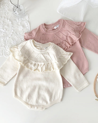 Sweet Ruffled Collar Long Sleeve Knitted Baby Romper