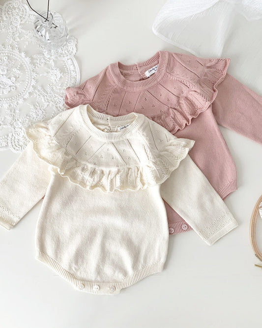 Sweet Ruffled Collar Long Sleeve Knitted Baby Romper