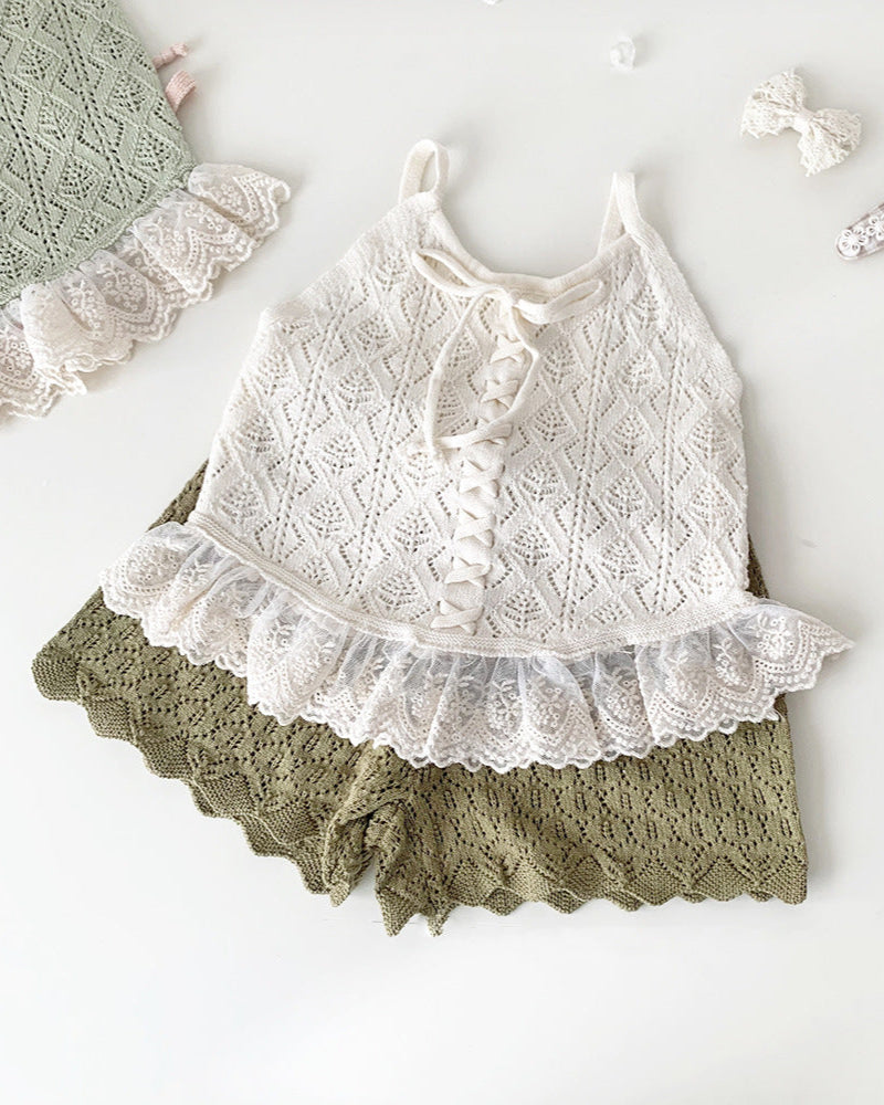 Lace-up Knitted Baby Girl Tank Top/Short Pants
