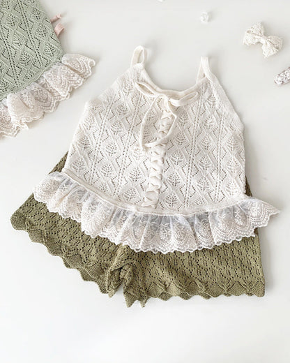 Lace-up Knitted Baby Girl Tank Top/Short Pants