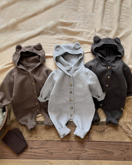 Solid Color Knitted Ear Baby Hooded Jumpsuits
