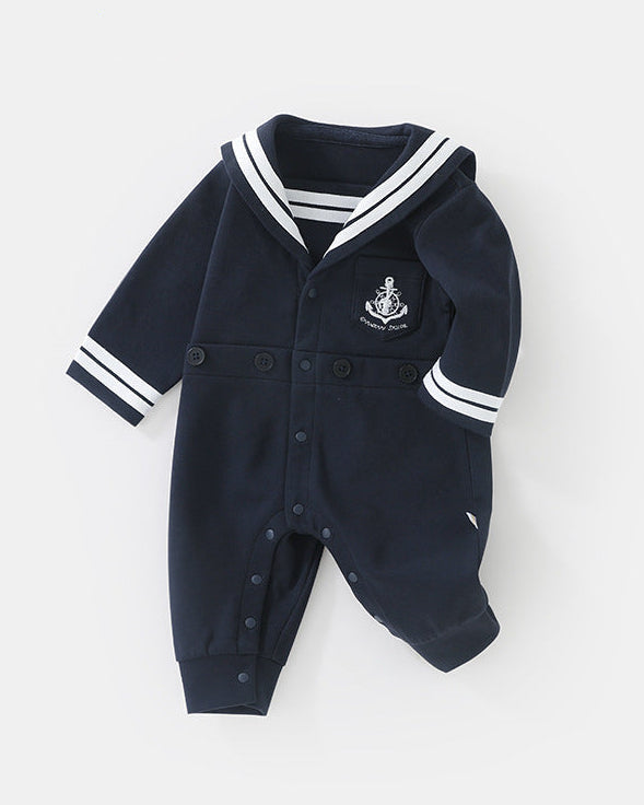 Navy Collar Buttoned Long Sleeve Baby Jumpsuits